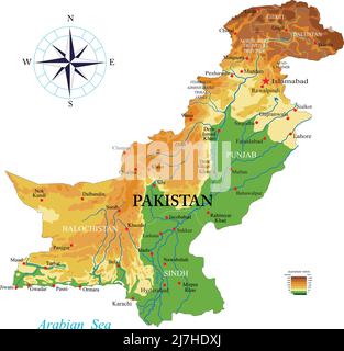 Hochdetaillierte physische Karte des Pakistan, im Vektorformat, mit allen Reliefformen, Regionen und großen Städten. Stock Vektor