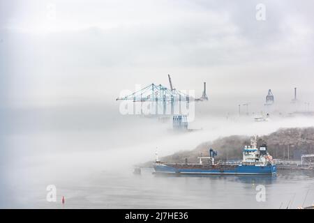 Containerkrane bei Skandiahamnen im dichten Nebel. Stockfoto