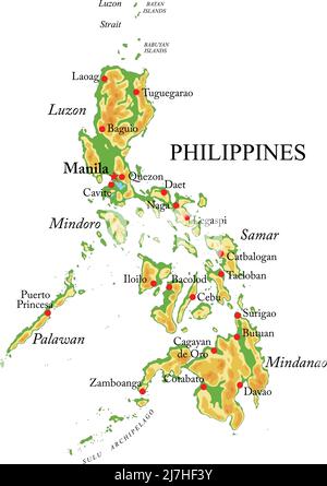 Hochdetaillierte physische Karte der Philippinen, im Vektorformat, mit allen Reliefformen, Regionen und großen Städten. Stock Vektor