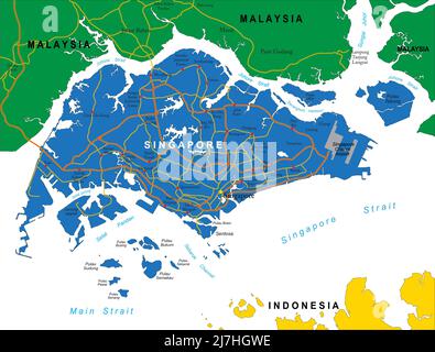 Hochdetaillierte Vektorkarte von Singapur mit Verwaltungsregionen, Hauptstädten und Straßen. Stock Vektor