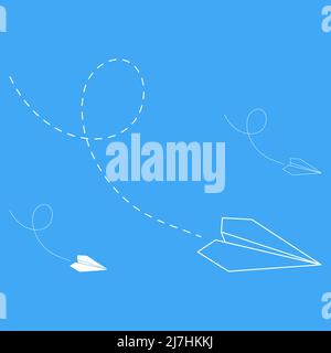 Satz von Vektorgrafiken von Symbolen der Papierebene. Skizzieren Sie einfache und Silhouette Handwerk Papier Flugzeug isoliert auf blauem Hintergrund. Symbol für Stock Vektor