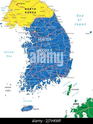 Hochdetaillierte Vektorkarte von Südkorea mit Verwaltungsregionen, Hauptstädten und Straßen. Stock Vektor