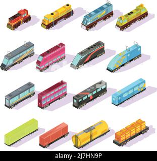Züge isometrische Satz von isolierten bunten Lokomotive Güterwagen und Tischbilder auf der Beifahrerseite mit Vektordarstellung „Schatten“ Stock Vektor