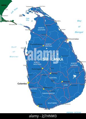 Sri Lanka detaillierte Vektorkarte mit Landesgrenzen, Kreisnamen, Hauptstraßen und einer sehr detaillierten State Silhouette. Stock Vektor
