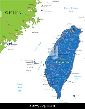 Taiwan hoch detaillierte Vektorkarte mit Verwaltungsregionen, Hauptstädten und Straßen. Stock Vektor