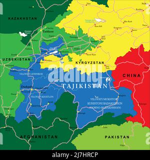 Hochdetaillierte Vektorkarte von Tadschikistan mit Verwaltungsregionen, Hauptstädten und Straßen. Stock Vektor