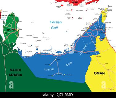 Sehr detaillierte Vektorkarte der Vereinigten Arabischen Emirate mit Verwaltungsregionen, Hauptstädten und Straßen. Stock Vektor