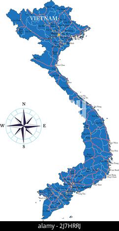 Hochdetaillierte Vektorkarte von Vietnam mit Verwaltungsregionen, Hauptstädten und Straßen. Stock Vektor