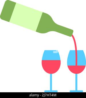 Weinflasche und zwei Gläser mit flacher Linie. Stock Vektor