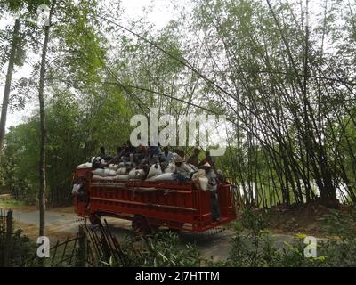 Naogaon, Bangladesch. 10.. Mai 2022. Saisonale Wanderarbeiter kehren während der Erntezeit nach der Arbeit in der Nähe des Dorfes Gogonpur im Naogaon-Bezirk nach Hause zurück. (Bild: © MD Mehedi Hasan/ZUMA Press Wire) Stockfoto