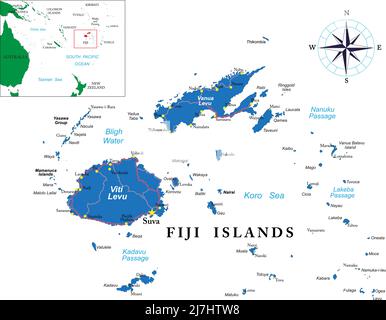 Hochdetaillierte Vektorkarte von Fidschi mit den wichtigsten Städten und Straßen. Stock Vektor