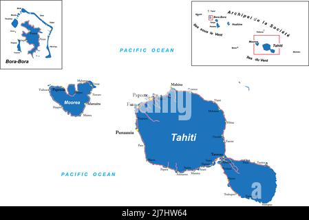 Sehr detaillierte Vektorkarte von Tahiti und Bora-Bora mit den wichtigsten Städten und Straßen. Stock Vektor