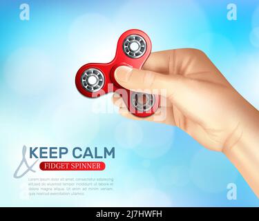 Farbige Hand Spinner Spielzeug Poster mit Keep Calm Fidget Spinner beschreibung und mans Hand Vektor Illustration Stock Vektor