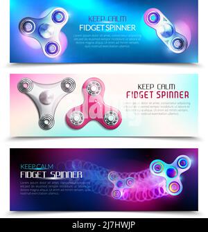 Drei Hand Spinner Spielzeug horizontal Banner mit halten ruhig gesetzt fidget Spinner Überschriften Vektorgrafik Stock Vektor