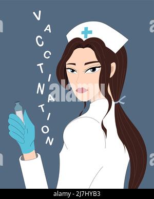 Schöne Krankenschwester, die einen Impfstoff in den Händen hält Stock Vektor