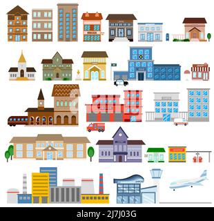 Set von kommunalen Gebäuden und städtischen Häusern Stock Vektor