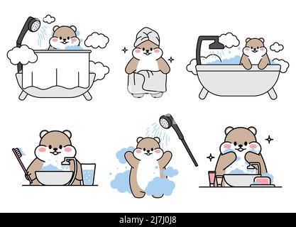 Set von niedlichen gezeichneten Hamstern. Kawaii Hamster wäscht und putzt seine Zähne, wäscht sich in der Badewanne unter der Dusche. Sammlung von Avataren Maskottchen lustig Stock Vektor