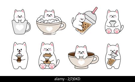 Sammlung von verschiedenen niedlichen kleinen Katzen auf weißem Hintergrund. Kawaii Satz von lustigen Tierfiguren Design im Cartoon-Stil. Haustier-Katze. Babyaufkleber Stock Vektor
