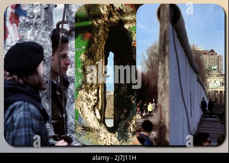 Schöne Szene, in der zwei Angehörige der beiden Deutschen durch einen Riss in der Berliner Mauer miteinander reden. Stockfoto