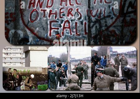 Einige Szenen des Mauerabbaus im Jahr 1989, während die Menschen das Ereignis feiern. Stockfoto