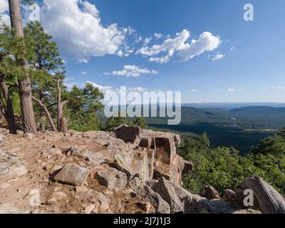 Felsiger Berghang mit Blick auf einen weiten Wald und ferne Berge an einem teilweise bewölkten Tag. Stockfoto