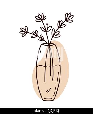 Abstraktes Blumendoodle mit farbiger organischer Form. Minimalistische Vase mit Blumen isoliert auf weißem Hintergrund. Handgezeichnete Vektorgrafik. Perfekt für Karten, Dekorationen, Logos, Poster. Stock Vektor