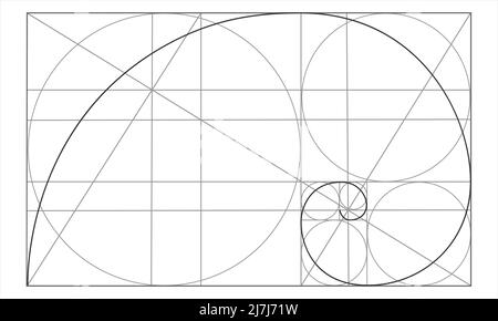 Vorlage „Goldenes Verhältnis“. Logarithmische Spirale im Rechteck mit Kreisen und Kreuzungslinien. Nautilus-Muschelform. Fibonacci-Sequenz. Raster mit idealen Symmetrieproportionen. Vektordarstellung Stock Vektor