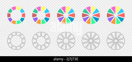 Donut-Diagramme, die in 10 mehrfarbige und grafische Abschnitte unterteilt sind. Infografik-Radsatz. Kreisdiagramme oder Ladeleisten. Runde Formen, die in zehn gleiche Teile geschnitten werden. Vektorgrafik flach und Umrissdarstellung Stock Vektor