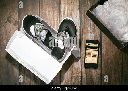 ONLINE-SHOPPING. ÜBER ONLINE-PLATTFORMEN. SCHUHKARTON. Stockfoto