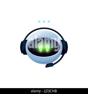 Roboter-Chat-bot in Kopfhörern und Eingabe Nachricht Zeichen isoliert virtuellen Online-Support-Operator. Vector mobile Anwendung Chatbot Kommunikation Helfer. Voice Talk Service Chat bot, virtuelle Online-Hilfe Stock Vektor