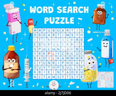 Cartoon Pillen und Tabletten auf Wortsuche Puzzle-Spiel Arbeitsblatt. Kinder Quiz Grid, pädagogische Rätsel oder Kindergarten Kinder Vektor-Spiel mit Wort-Suche Aufgabe. Kinder logische Puzzle mit Medikamenten Drogen Stock Vektor