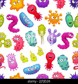 Nahtlose Muster aus Viren, Bakterien, Keimen und Mikroben. Vektor-Hintergrund von Cartoon-Bakterium und Infektion Zellcharaktere, lustige Viren der Grippe, hiv, covid oder Influenza, medizinische Hintergrund Muster Stock Vektor