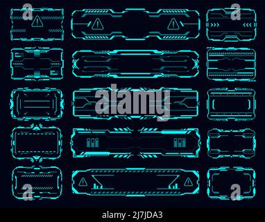 HUD Interface Frames, Ränder, Schilder, Info-Boxen und Callout-Titel, Vektor-Head-up-Display-Elemente der futuristischen Spiel-UI. Digitale Textleisten, Hologramm-Banner und Bildschirme für zukünftige Technologien Stock Vektor
