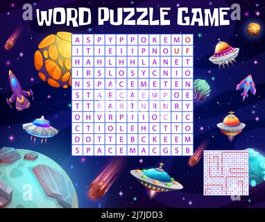 UFO, Raumschiff und Raumschiff in Galaxie Wortsuche Puzzle-Spiel Arbeitsblatt. Vektor Kinder Quiz Gitter, Brainteaser für Kinder mit Cartoon kosmische Motoren und Planeten, finden englische Wörter Aufgabe Stock Vektor