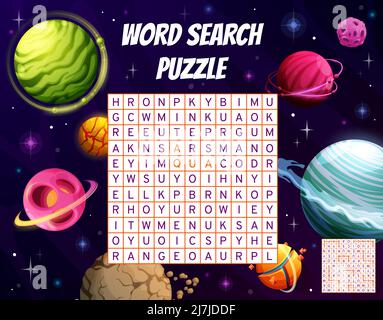 Fantastische Galaxie Raum Planeten für Wortsuche Puzzle-Spiel, Vektor-Arbeitsblatt. Kinder Bildung Quiz Raster Wort der Planeten Farbe im außerirdischen galaktischen Raum oder kosmischen Fantasy-Universum zu suchen Stock Vektor
