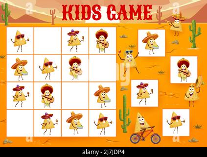 Arbeitsblatt zum Sudoku-Spiel für Kinder. Lustige Cartoon mexikanische Nachos Zeichen. Logische Rätsel, Kinder Sudoku Puzzle Buch Seite Vektor Vorlage oder Bildungs-Quiz mit lustigen mexikanischen Fast-Food-Chips Persönlichkeiten Stock Vektor