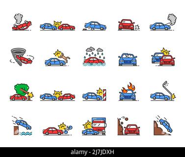 Symbol für Schäden, Kollisionen, Ausfälle, Hindernisse und Katastrophen. Verkehrsunfälle und Wetterschäden Autoversicherung isolierte Schilder mit Autos, LKW, Fahrrad und Fußgänger Kollisionen Stock Vektor