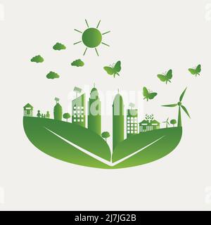 Grüne Städte helfen der Welt mit der Cloud mit umweltfreundlichen Konzept-Ideen, Vektor-Illustration Stock Vektor