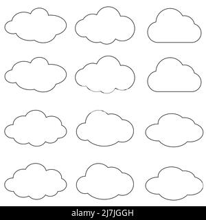 Wolkenvektor-Symbol Weiß auf blauem Hintergrund einstellen. Sky Flat Illustration Kollektion für Web, Vektor Illustration Stock Vektor