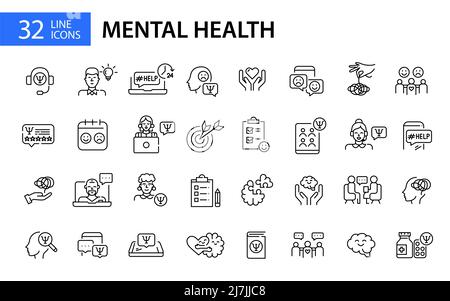 32 Symbole für psychische Gesundheit und Psychotherapie. Pixel-perfektes, bearbeitbares Strichliniensymbol Stock Vektor