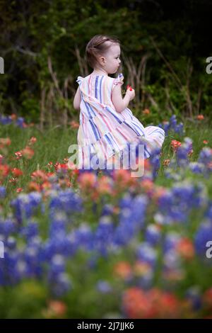 Ein wunderschönes kleines Mädchen, ihr Gesicht zur Seitenwand gedreht, geht durch ein Feld lebendiger Frühlingswildblumen, ihr Kleid wabert im Wind. Stockfoto