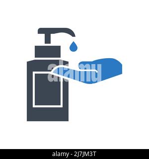 Symbol für Vektorgliphe im Zusammenhang mit dem Händedesinfektionsmittel. Desinfektionsmittel tropft aus der Flasche auf der Handfläche. Schild für Händedesinfektionsmittel. Isoliert auf weißem Hintergrund. Editierbarer Vektor i Stock Vektor