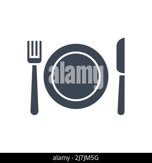 Symbol für Teller, Gabel und Messer, die mit dem Vektor-Glyphen in Verbindung stehen. Menüzeichen. Isoliert auf weißem Hintergrund Stock Vektor