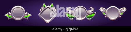 Silber Auszeichnung Abzeichen mit Fantasy-Rahmen und grünen dekorativen Elementen.Vektor-Cartoon-Symbole Set von Spiel-Etiketten verschiedenen Formen, Metall-Embleme mit Bordüren im mittelalterlichen Stil Stock Vektor