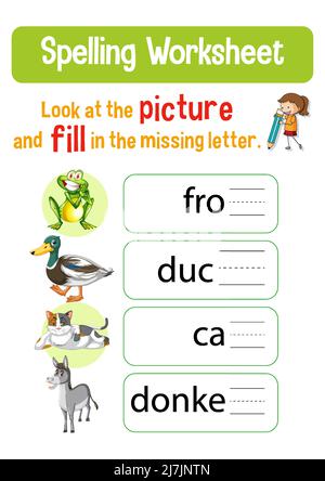 Entwurf eines Arbeitsblatts für die Darstellung von Rechtschreibwörtern Stock Vektor
