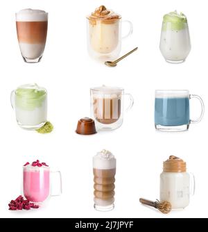Set aus verschiedenen Latte-Kaffee auf weißem Hintergrund Stockfoto