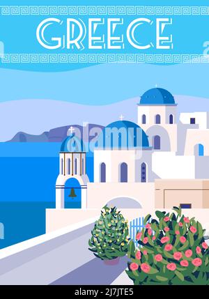 Griechenland Poster Travel, griechische weiße Gebäude mit blauen Dächern, Kirche, Poster, alte mediterrane europäische Kultur und Architektur Stock Vektor