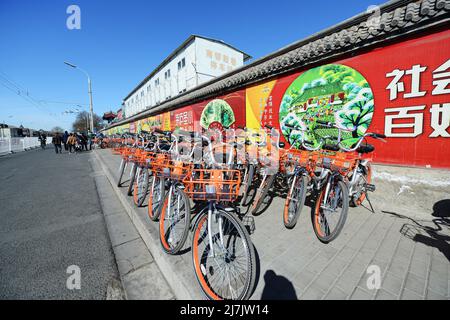 Vermietung von Fahrrädern in Beijing, China. Stockfoto