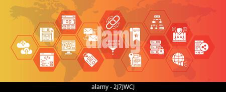 Banner mit SEO-Symbolen. Lesezeichen, Hosting, Hyperlink, Werbung, Datentransfer Infografik Vektorgrafik. Stock Vektor
