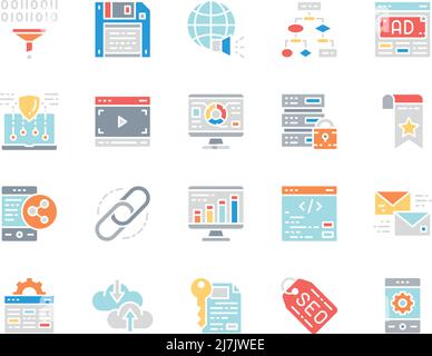 Satz von weißen SEO-Linien-Symbolen. Lesezeichen, Hosting, Videoplayer, Werbung, Hyperlink und mehr. Stock Vektor